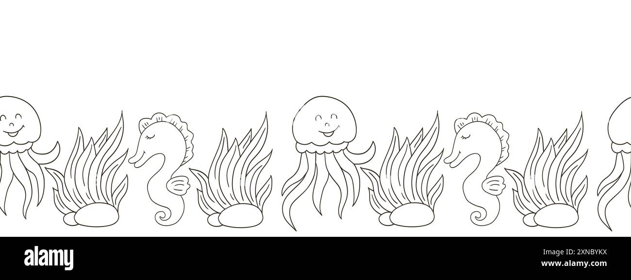 Frontière marine sans couture. Dessin monochrome de conte de fées. Habitants de la mer. Conception vectorielle pour papier et autre usage Illustration de Vecteur