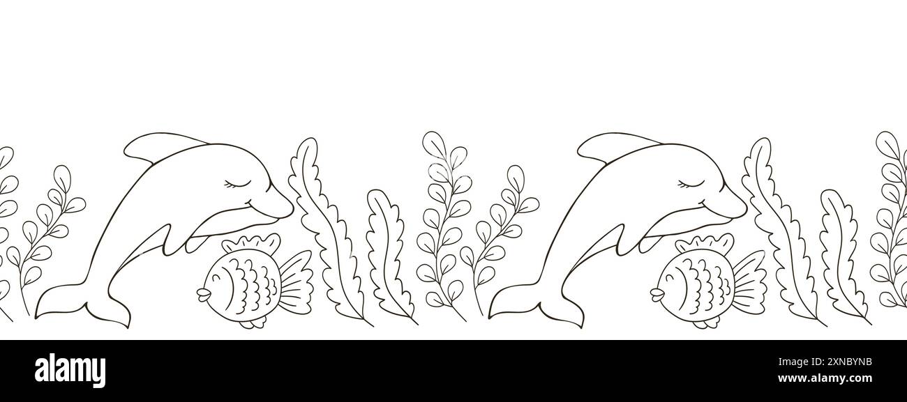 Frontière marine sans couture. Dessin monochrome de conte de fées. Dauphins. Conception vectorielle pour le papier, la couverture, le décor et toute autre utilisation Illustration de Vecteur