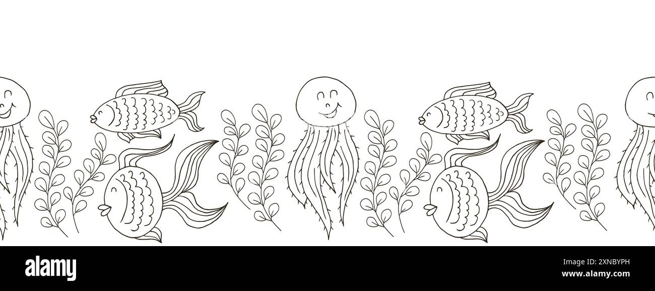 Frontière marine sans couture. Dessin monochrome de conte de fées. Habitants de la mer. Conception vectorielle Illustration de Vecteur