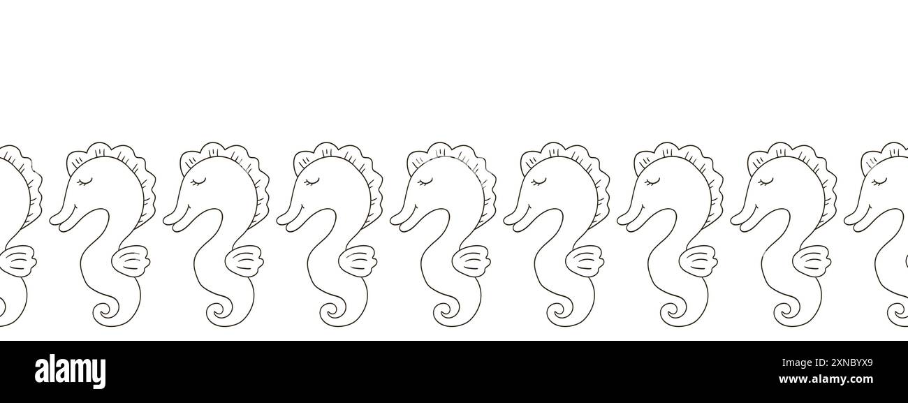 Frontière marine sans couture. Dessin monochrome de conte de fées. Hippocampes. Conception vectorielle pour le papier, la couverture, le tissu, la décoration intérieure et toute autre utilisation Illustration de Vecteur