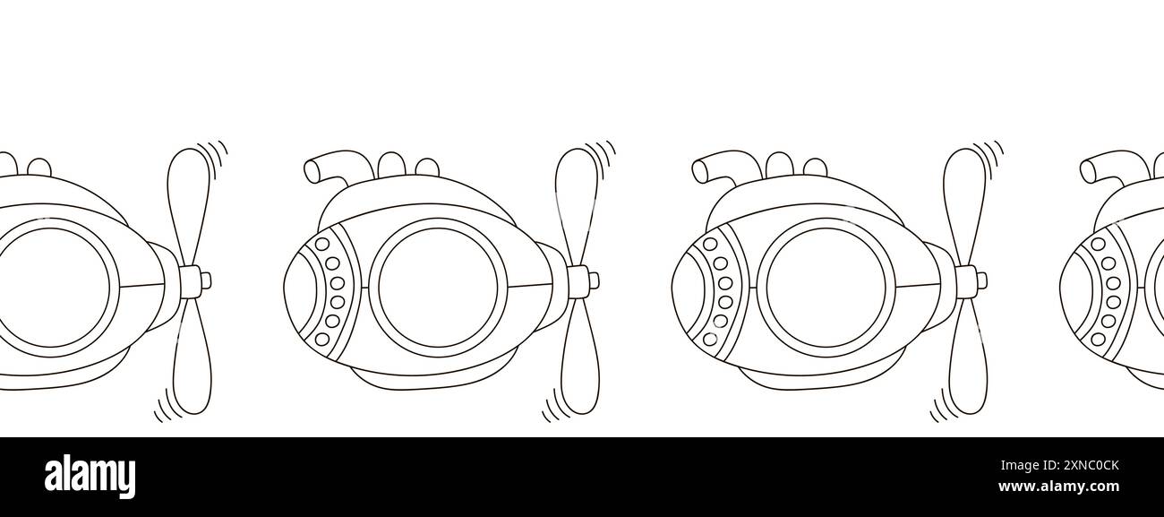 Frontière marine sans couture. Dessin monochrome de conte de fées. Sous-marins jaunes. Conception vectorielle pour papier, couverture, tissu et autre utilisation Illustration de Vecteur