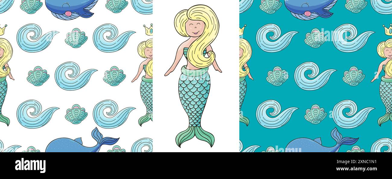 Sirènes et leurs amies. Définissez des motifs marins sans couture. Motif dans le style dessin à la main, créé pour les tissus Illustration de Vecteur