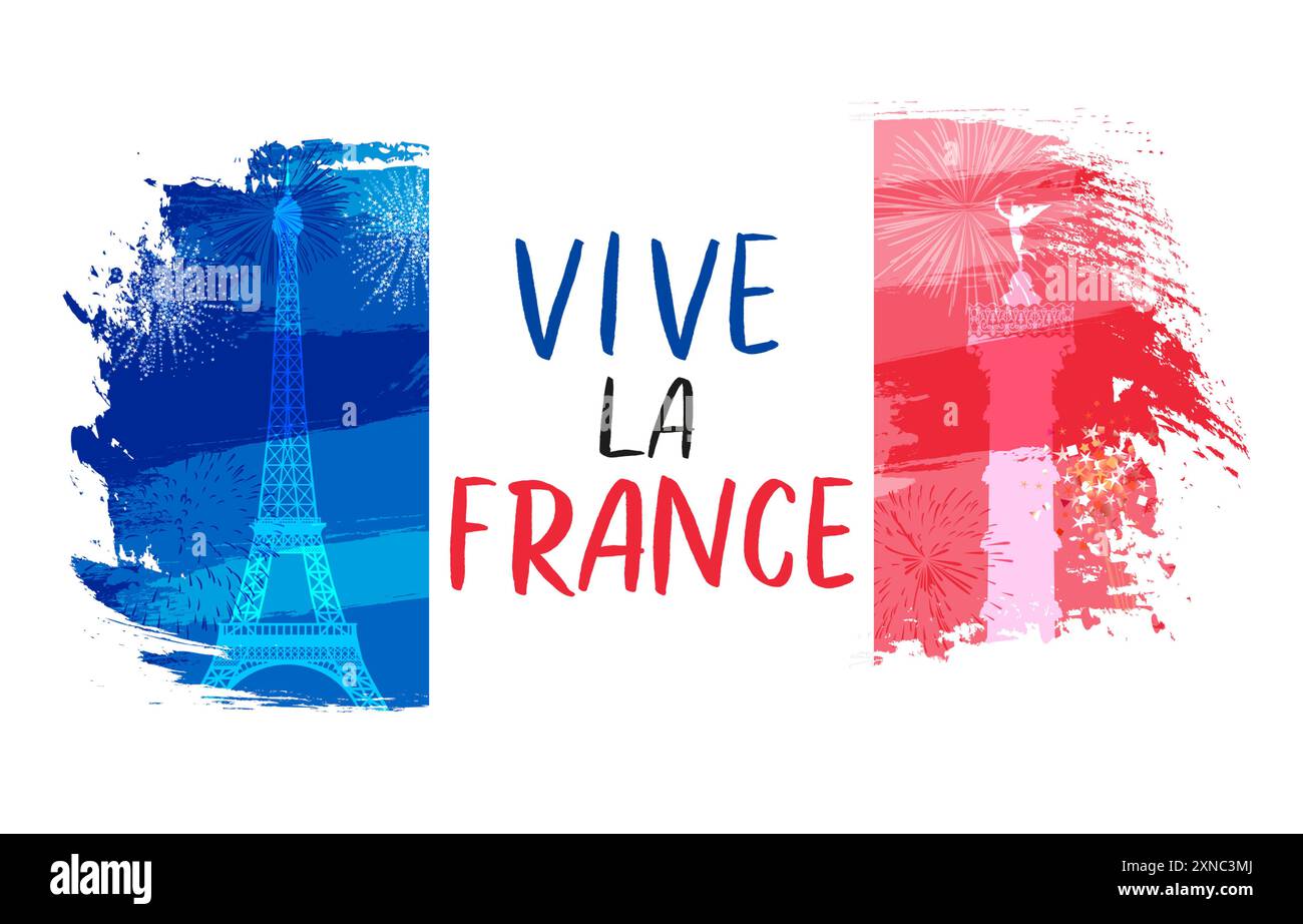 Inscription vive la France sur drapeau grunge brossant. Traduction - vive la France. Texte, drapeau, tour Effel et silhouette colonne de juillet. Vecteur Illustration de Vecteur