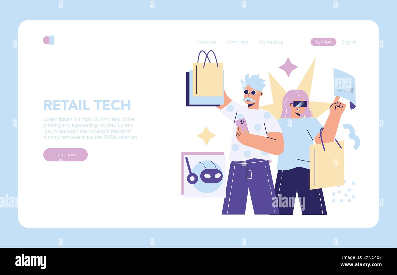 Concept de technologie de vente au détail. Illustration des acheteurs utilisant des appareils modernes pour améliorer leur expérience d'achat. E-commerce et tendances d'achat mobile. Illustration vectorielle. Illustration de Vecteur