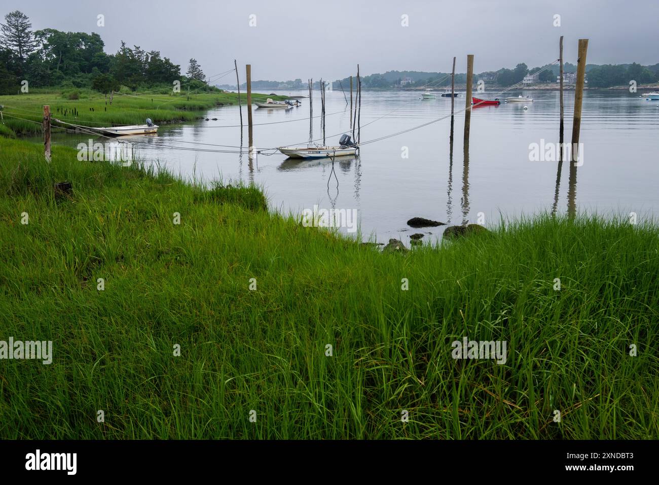 Bateaux amarrés près de Joshua point, Leete's Island, sur long Island Sound, Guilford. CT, Nouvelle-Angleterre, États-Unis. Banque D'Images