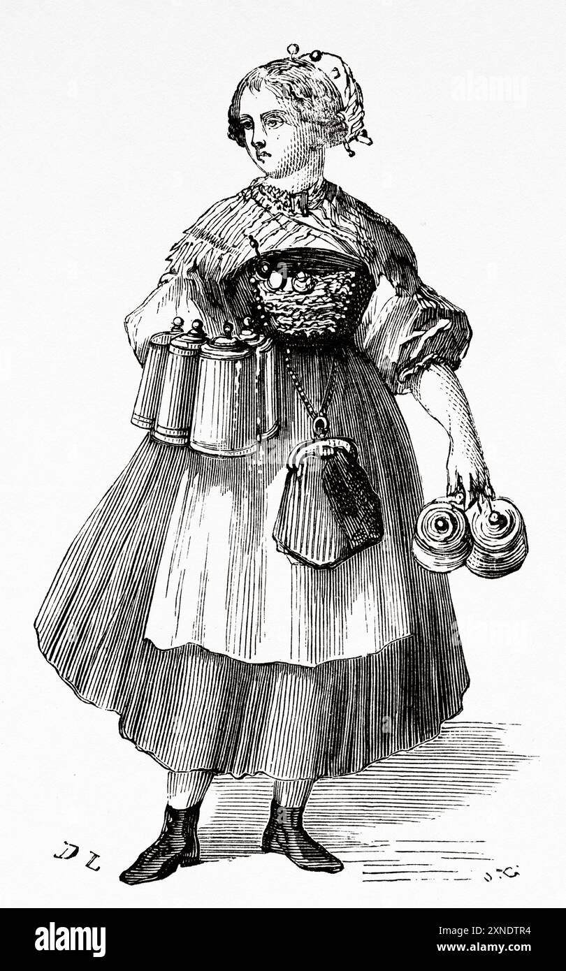 Serveuse allemande avec de la bière, Munich, Bavière, Allemagne. Dessin de Dieudonne Lancelot (1823-1895) voyage de Paris à Bucarest, 1860 de Victor Duruy (1811-1894) le Tour du monde 1862 Banque D'Images