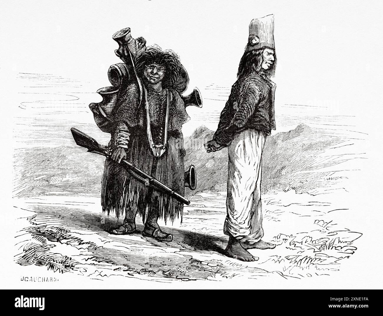 Un soldat de la Sierra et son Rabona ou Vivandiere, Pérou, Amérique du Sud. Voyage à travers l'Amérique du Sud de l'océan Pacifique à l'océan Atlantique, 1848-1960 par Paul Marcoy (1815 - 1887) première étape, d'Islay à Arequipa, Pérou. Le Tour du monde 1862 Banque D'Images