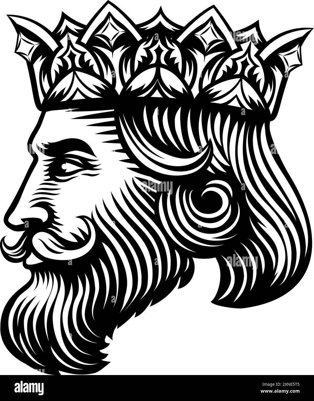 King Medieval Crown Head face Vintage gravure sur bois Illustration de Vecteur
