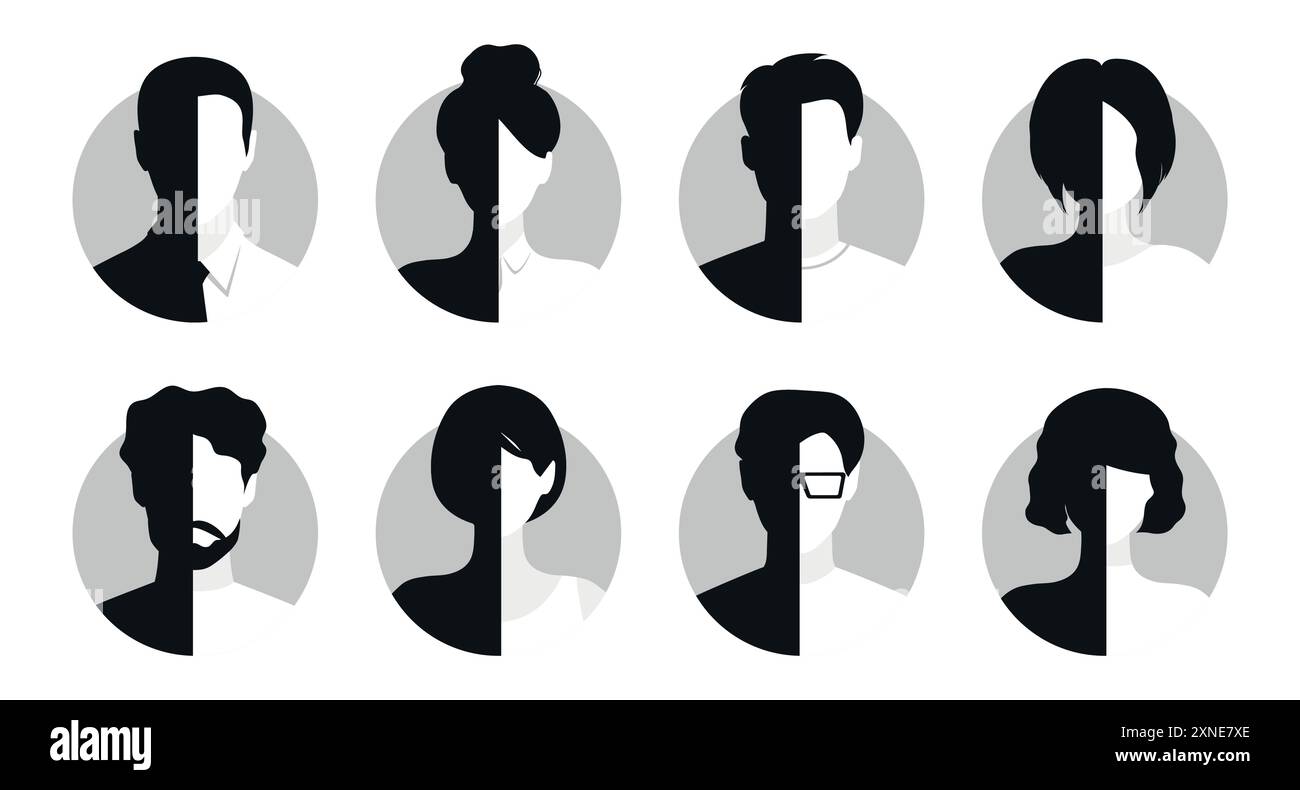 Portraits féminins et masculins sans visage. Ensemble de femmes et d'hommes font face à des silhouettes adaptées aux profils anonymes, aux avatars ou aux icônes abstraites de genre. Vecteur il Illustration de Vecteur