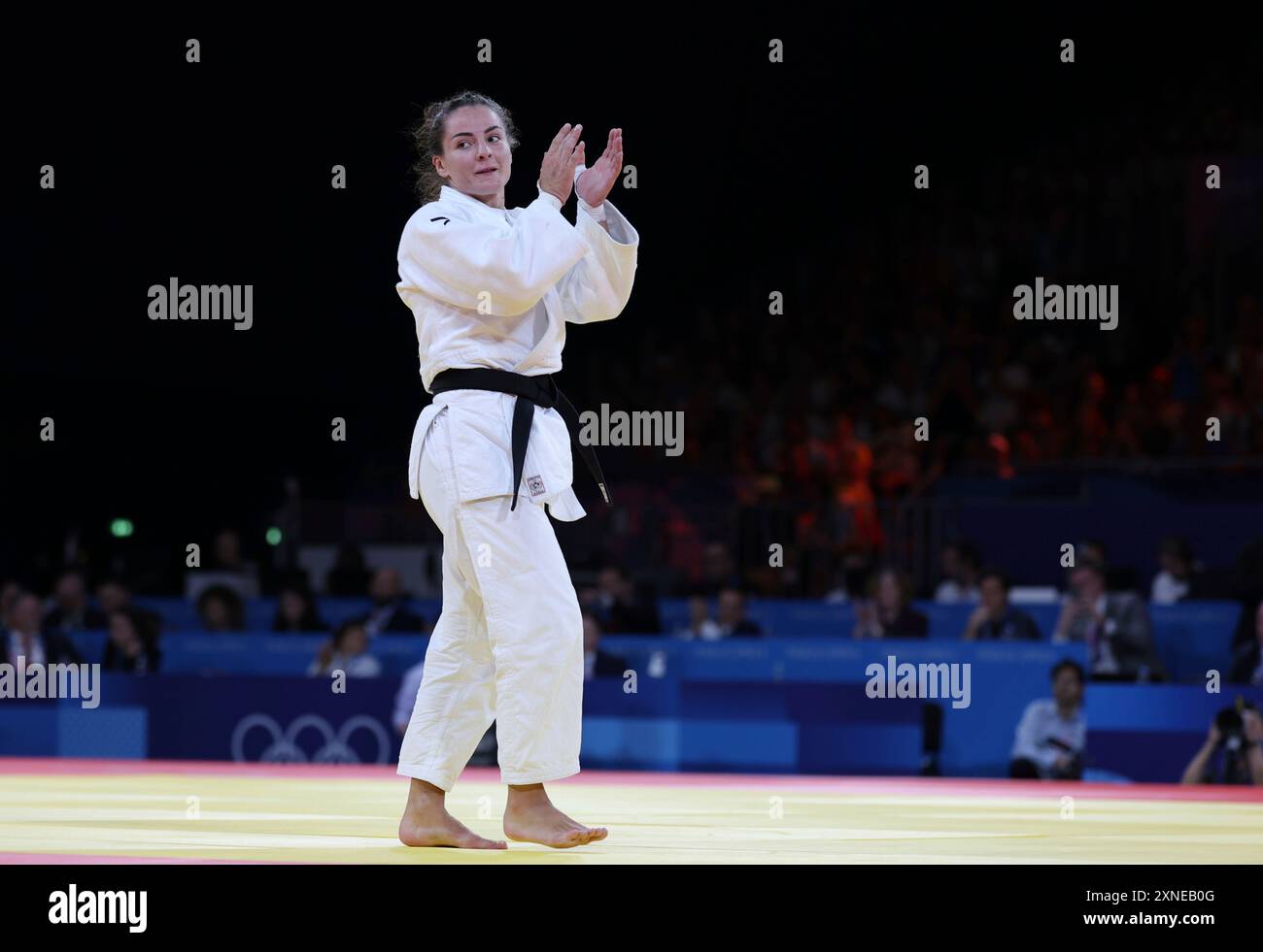 MATIC Barbara of Croatia reacts after winning the women's Judo -70 kg final match in the Paris Olympicsat the Champs de Mars Arena in Paris, France, on July 31, 2024.Matic won the event to claim the gold medal. ( The Yomiuri Shimbun via AP Images ) Banque D'Images