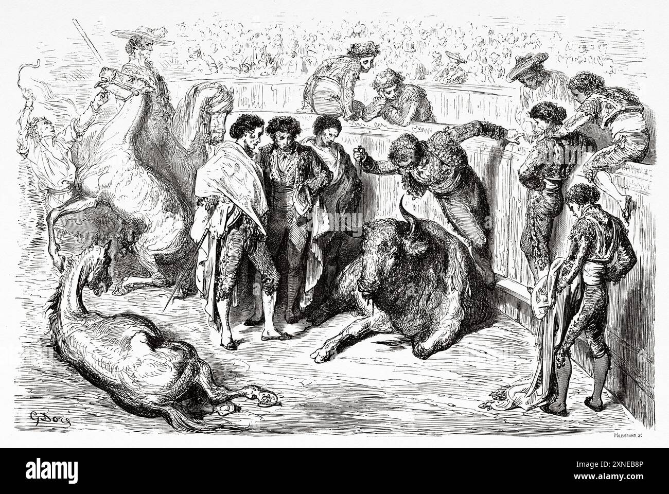 Un puntillero administrant le coup de grâce à la fin d'une corrida, Comunidad Valenciana. Voyage en Espagne, 1862 de Jean Charles Davillier (1823-1883) dessin de Gustave Dore (1832-1883) le Tour du monde 1862 Banque D'Images