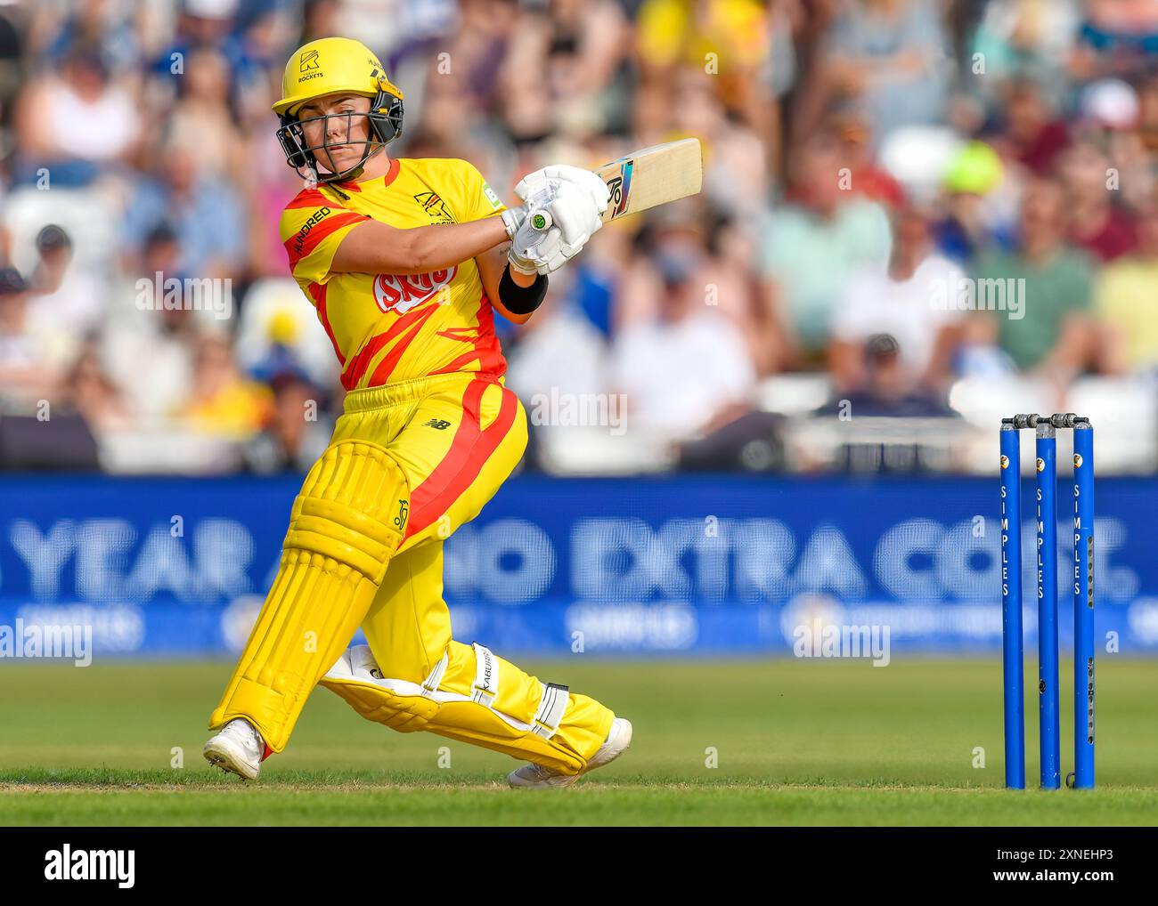 Nottingham, Royaume-Uni, 31 juillet 2024. Trent Rockets contre Birmingham Phoenix. Sur la photo : Heather GRAHAM (Rockets) frappant la balle pour six. Pendant la Hundred double Header au Trent Bridge Cricket Ground. Crédit : Mark Dunn/Alamy Live News. Banque D'Images