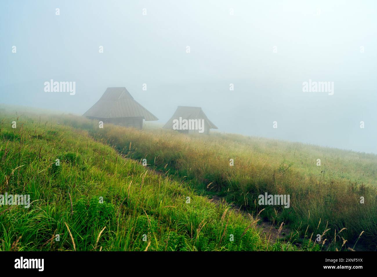 Cabines de Shepard dans Bieszczady chaîne de montagnes Carpatia Pologne par jour nuageux et temps pluvieux Banque D'Images