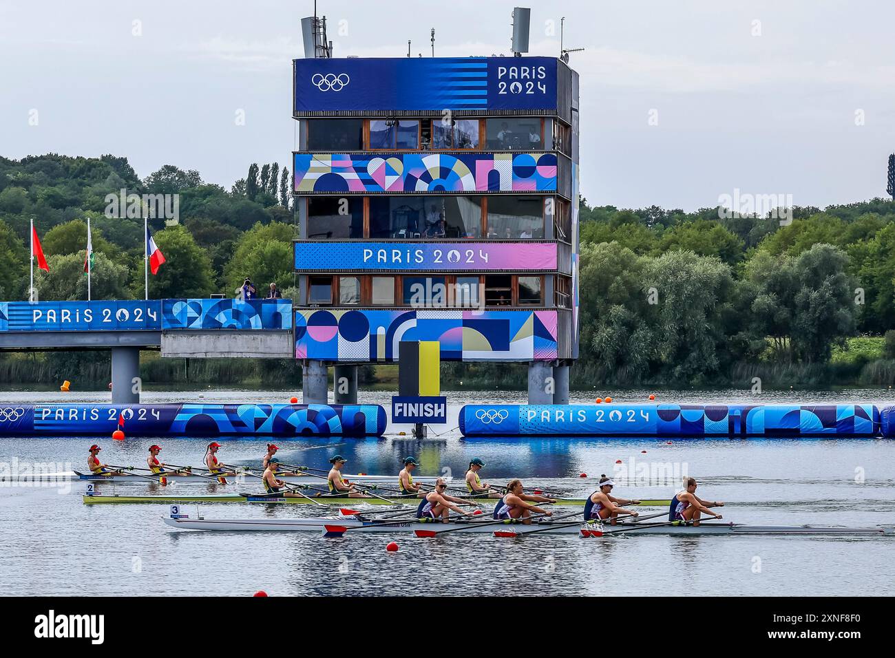 Moronan Ioana Madalina (Roumanie), CIOTAU Emanuela Ioana (Roumanie), UNGUREANU Alexandra (Roumanie), cires Patricia (Roumanie) JOYCE Grace (États-Unis d'Amérique), DELLEMAN Emily (États-Unis d'Amérique), COHEN Teal (États-Unis d'Amérique), O'CONNOR Lauren (États-Unis d'Amérique), THOMPSON Ria (Australie, MEREDITH Rowena d'Australie, GOURLEY Laura d'Australie, CRONIN Caitlin d'Australie, Quadruple Sculls d'aviron féminin lors des Jeux Olympiques de Paris 2024 le 31 juillet 2024 au stade nautique de Vaires-sur-Marne à Vaires-sur-Marne, France - photo Gregory Lenormand/DPPI Media / Banque D'Images