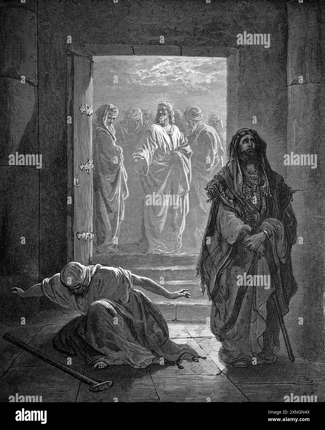 Gravure sur bois du Pharisien et du Publicain - le Pharisien a prié combien il était bon, mais le Publicain a prié Dieu pour la miséricorde (Luke18:11-13) par Gust Banque D'Images