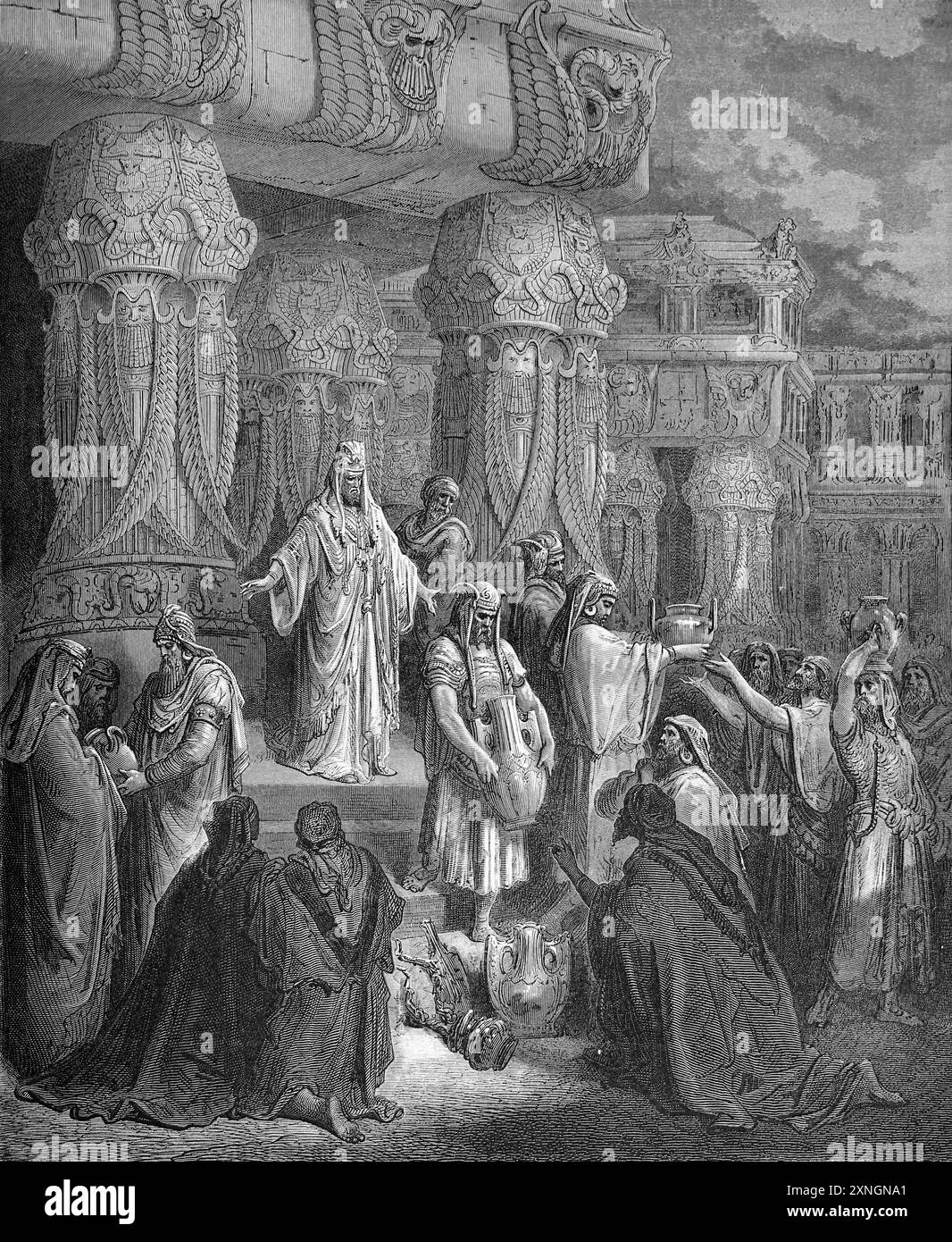 Gravure sur bois de Cyrus restauration des vases du Temple (Ezra1;7-8) par Gustave Dore - Cyrus le Grand a retourné les vases sacrés du Temple de Banque D'Images