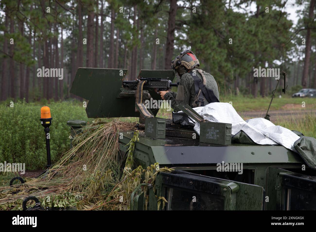 Un soldat de l'armée américaine du 1er Bataillon, unité du 509e régiment "Geronimo" pour Task Force Guardian, tire sur la mitrailleuse M240B lors de l'assaut de l'équipe de combat de la 41e Brigade d'infanterie sur un objectif au Centre d'entraînement de préparation interarmées (JRTC) Fort Johnson, La., 23 juillet 2024. Geronimo est responsable de la formation des unités qui viennent à la JRTC ; Task Force Guardian est composé de personnel du 2e bataillon, 162e d'infanterie ; 1er bataillon, 186e d'infanterie ; et le bataillon de soutien de la 141e brigade. L'objectif du JRTC est de créer des environnements réalistes qui aident à préparer les unités à des opérations complexes. (Minerai Banque D'Images