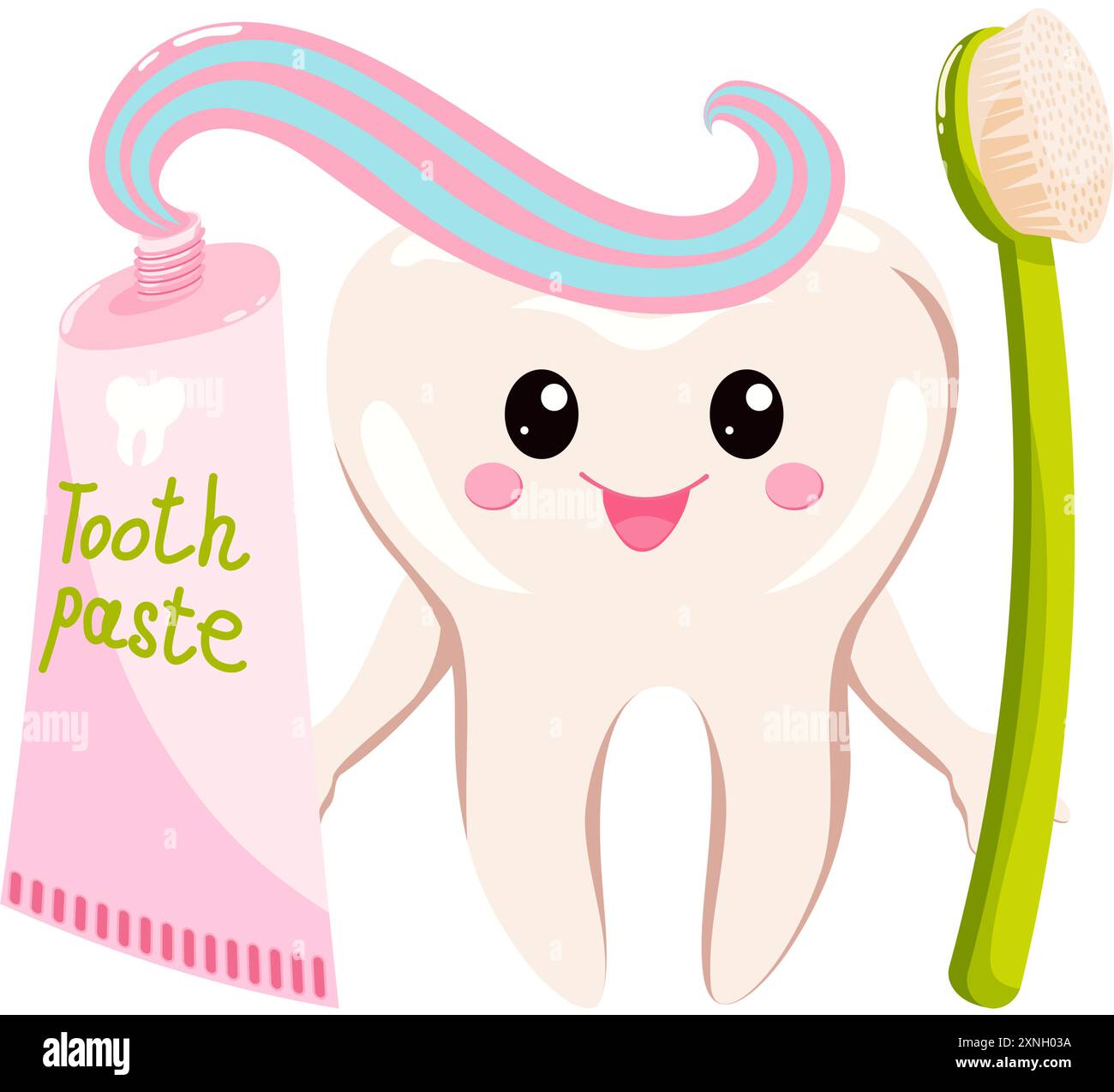 Mignon caractère de dent avec une brosse à dents et dentifrice, favorisant l'hygiène dentaire. Illustration de Vecteur