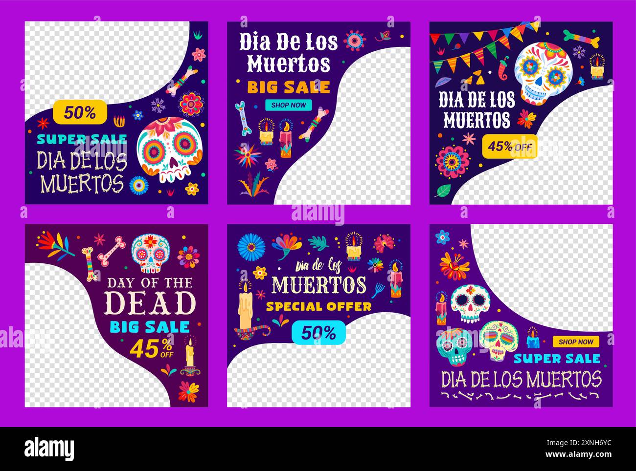 Modèles de bannière jour de la vente morte. Vector mexicain Holiday Square cartes promo ou cadres pour des offres de shopping et des offres spéciales. Dia de los Muertos d Illustration de Vecteur