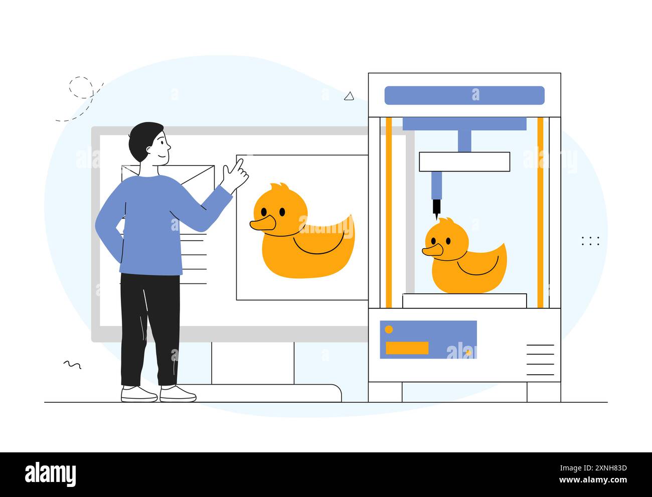 Homme avec imprimante 3D. Jeune homme près de l'équipement d'impression conçoit du canard en caoutchouc. Copier les choses et l'ordinateur. Innovation et technologies modernes. Linéaire Illustration de Vecteur