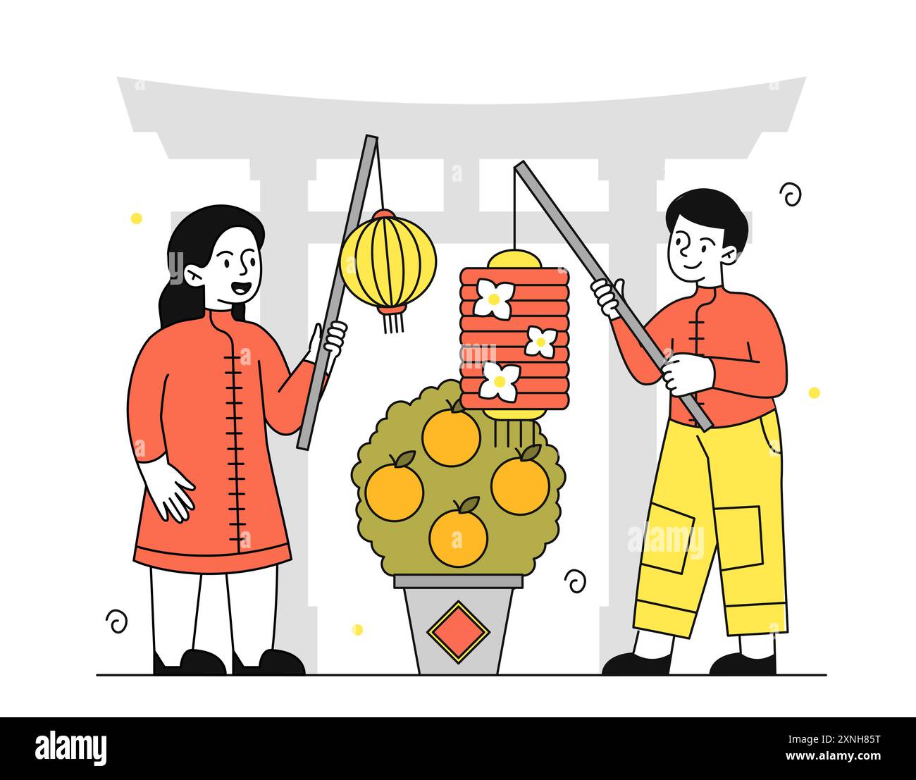 Les enfants jouent aux lampes chinoises. Garçon et fille en costumes asiatiques traditionnels avec des lampes sur des cannes à pêche. Culture et traditions chinoises. Vacances et Illustration de Vecteur