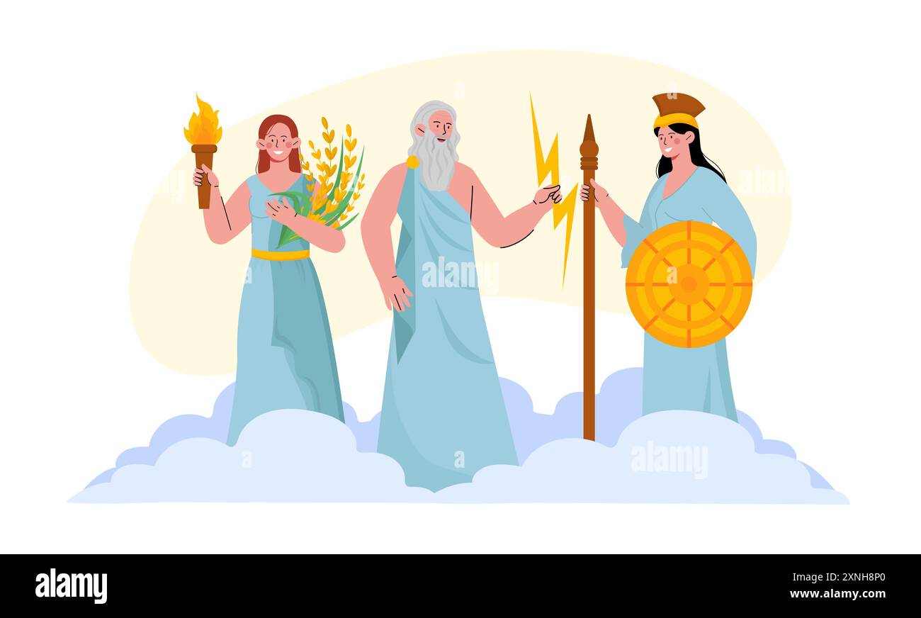 Concept des dieux grecs. Zeus avec la foudre et la lance dans les nuages près des femmes. Mythologie grecque antique et légendes. panthéon olympien. Vecteur plat Illustration de Vecteur