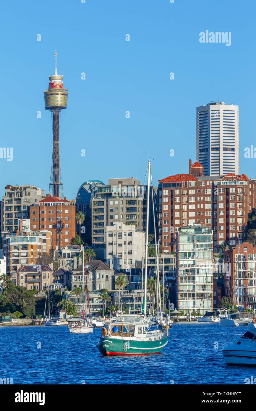 La ligne d'horizon de la ville de Sydney, en Australie, vue de Rushcutters Bay avec Elizabeth Bay à mi-distance. Banque D'Images