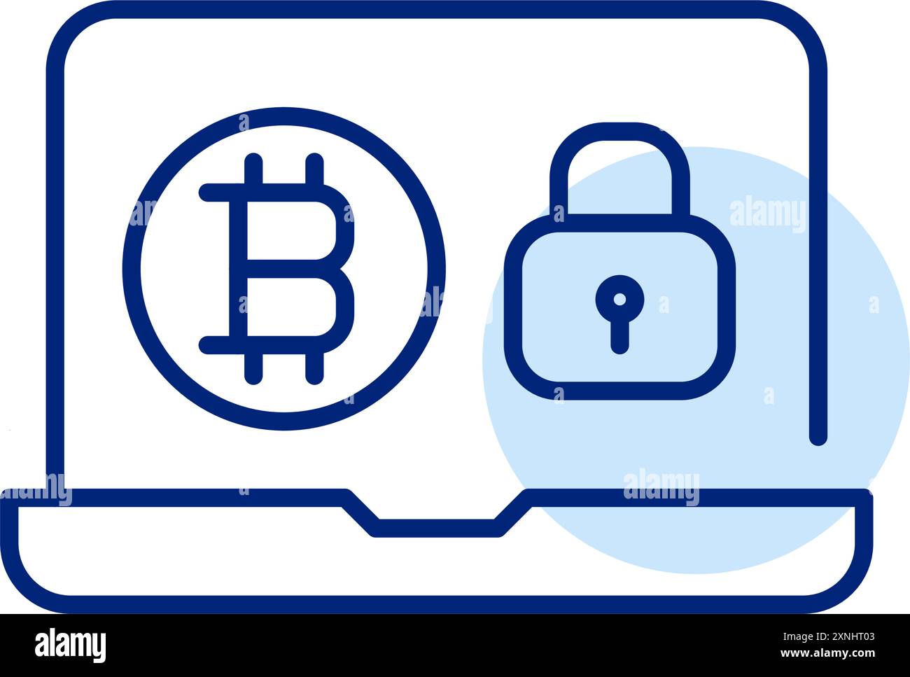 Ordinateur portable, symbole bitcoin et serrure. Transactions sécurisées de crypto-monnaie, compte personnel. Icône de contour pixel Perfect, modifiable Illustration de Vecteur