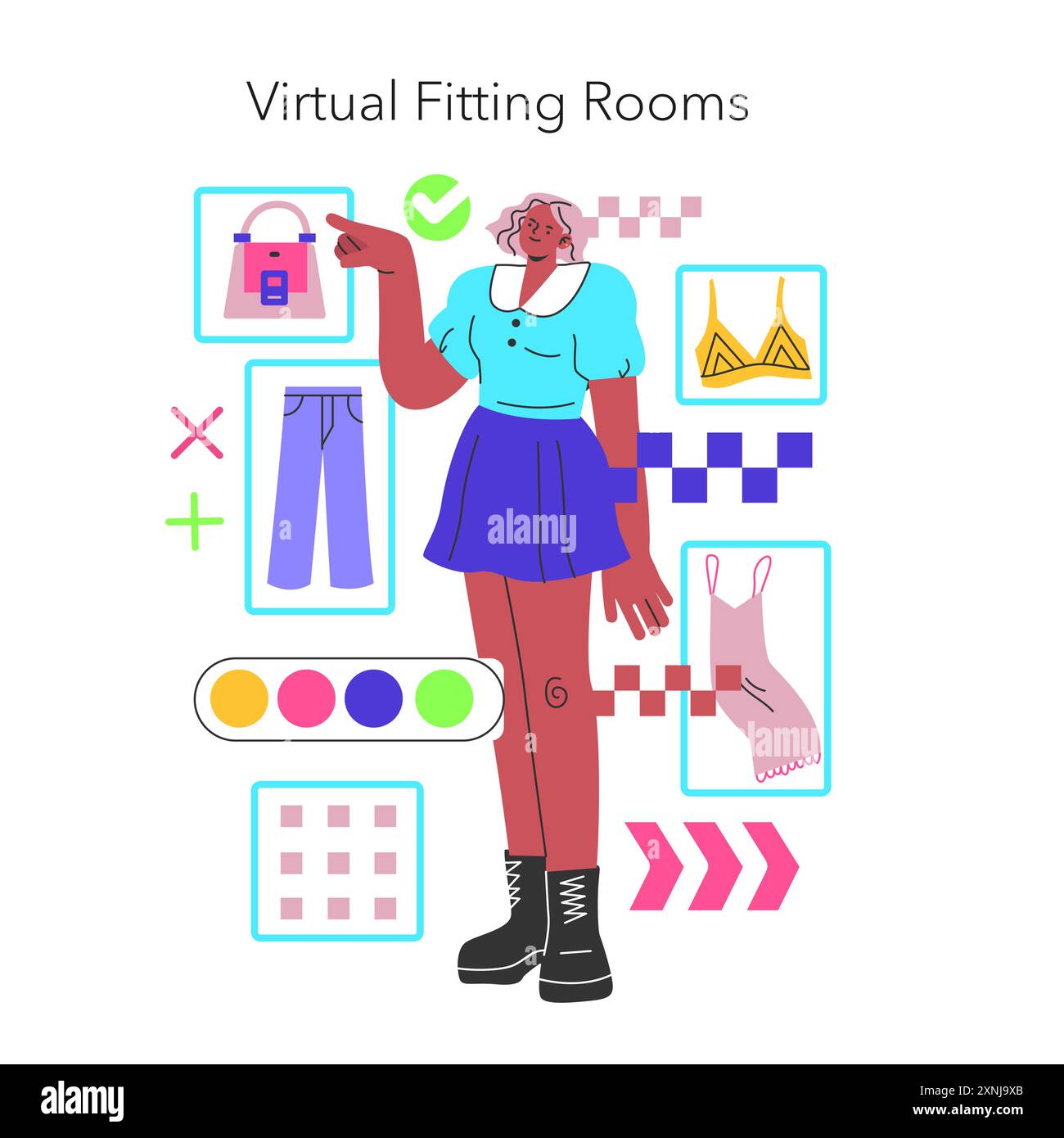 Concept Fashion Tech. Une femme explore les options dans une cabine d'essayage virtuelle, sélectionnant des vêtements et des accessoires. Innovation numérique dans le commerce de détail. Illustration vectorielle. Illustration de Vecteur