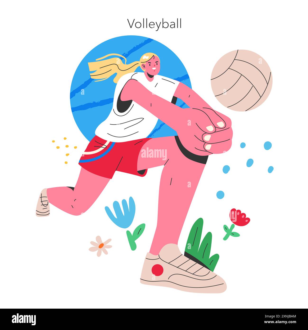 Concept d'activité de volley-ball d'été. Athlète animé en mouvement, servant le ballon dans un cadre extérieur éclatant. Scène de loisirs dynamique. Illustration vectorielle. Illustration de Vecteur