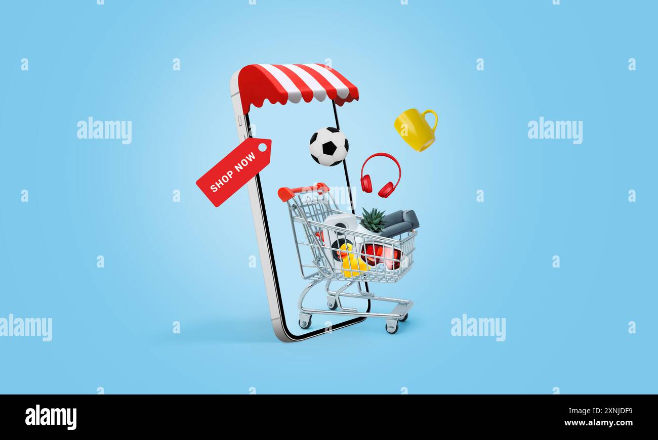 Ouverture de la boutique en ligne sur téléphone portable. Le panier avec des produits sort de l'affichage avec le ruban Shop Now. Concept d'achat en ligne Banque D'Images