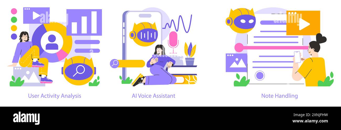 Ensemble d'applications d'IA mobile. Analyse de l'activité de l'utilisateur, interaction avec l'assistant vocal, fonctions de traitement des notes. Mode de vie numérique et progrès technologique. Illustration vectorielle. Illustration de Vecteur