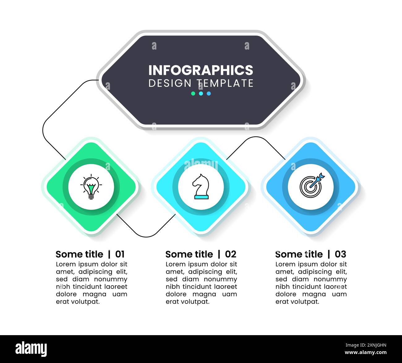 Modèle d'infographie avec icônes et 3 options ou étapes. Ligne zigzag. Peut être utilisé pour la mise en page de flux de travail, diagramme, bannière, webdesign. Illustration vectorielle Illustration de Vecteur