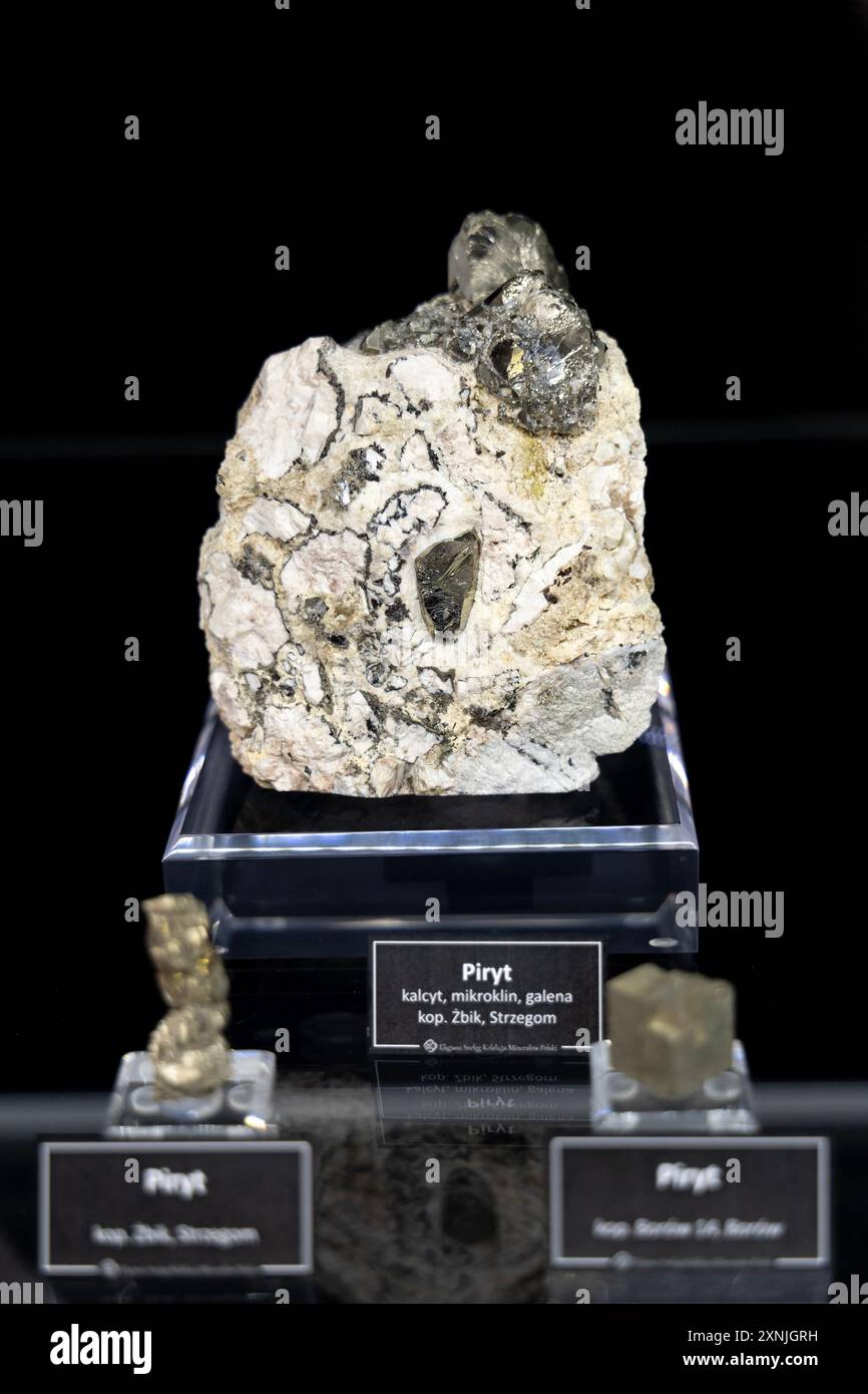 Pyrite avec microcline, calcite et galène, exposition de minéraux de pyrite, Musée géologique, Varsovie, Pologne Banque D'Images