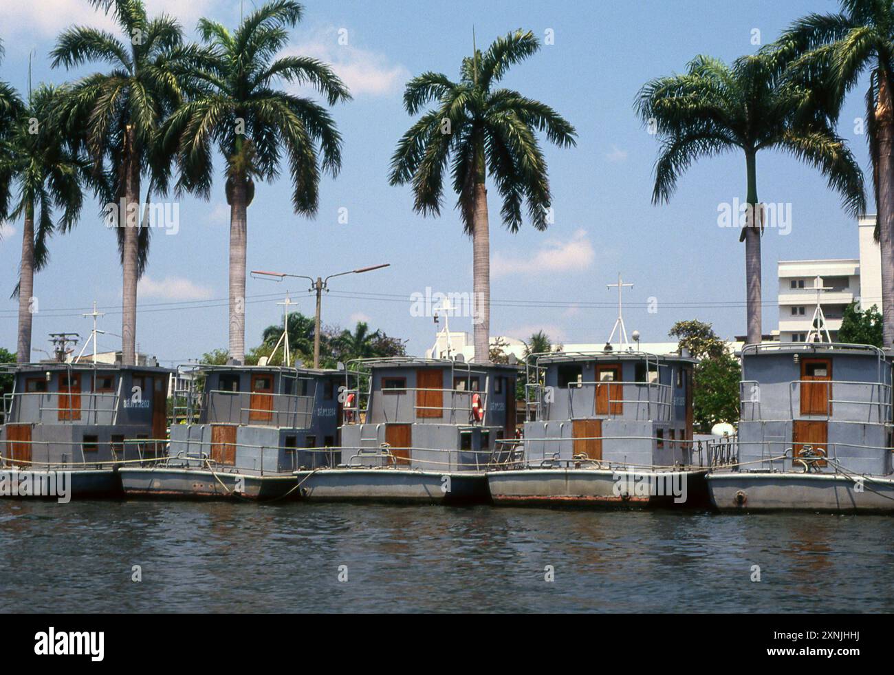 Des engins militaires de la marine thaïlandaise ont accosté sur la rivière Chao Phraya à Bangkok, Thaïlande. Le navire naval gris est amarré le long de la rive avec des palmiers et un ciel bleu clair en arrière-plan, reflétant un paysage riverain calme et sécurisé dans la capitale. Banque D'Images
