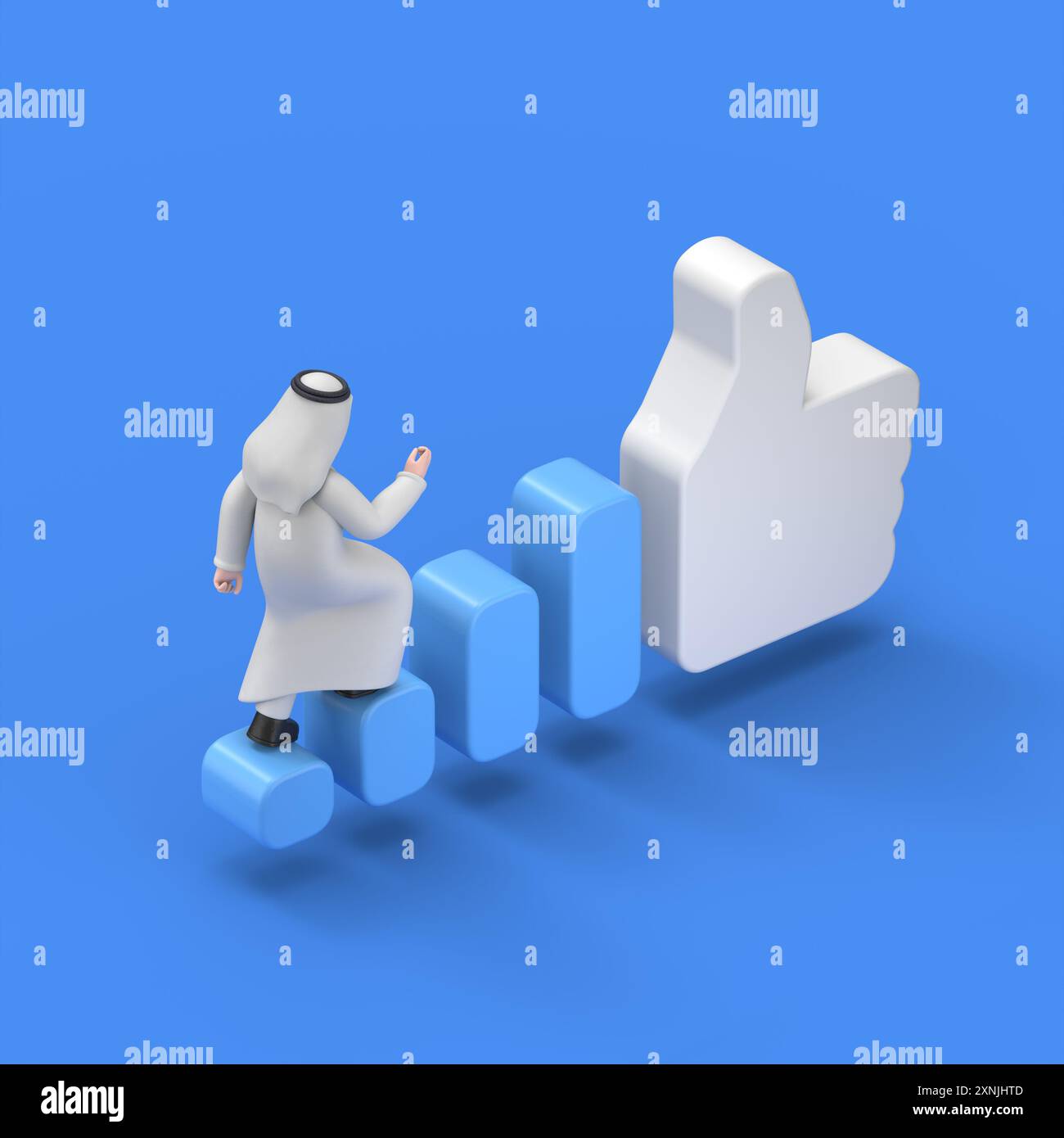 Illustration 3D isométrique sur fond bleu, augmenter la popularité sur les réseaux sociaux, illustration 3D de l'homme arabe souriant Hadi monte les escaliers à A. Banque D'Images
