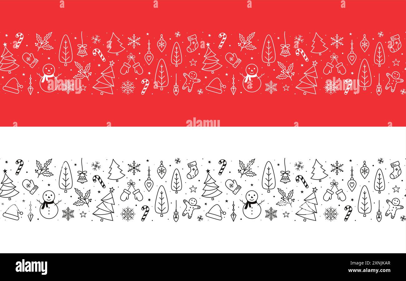 Motif sans couture horizontal de Noël, dessiné à la main, élégant et détaillé, idéal pour les textiles de noël. Motif festif pour cartes de voeux Illustration de Vecteur
