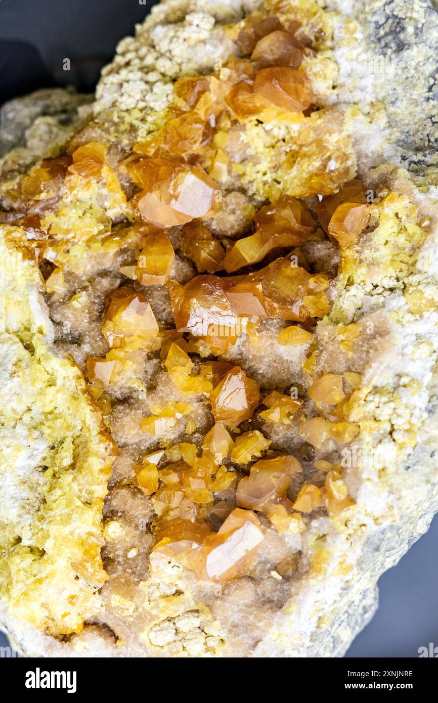 Cristaux de soufre sur spécimen minéral de célestine, Musée géologique, Varsovie, Pologne Banque D'Images