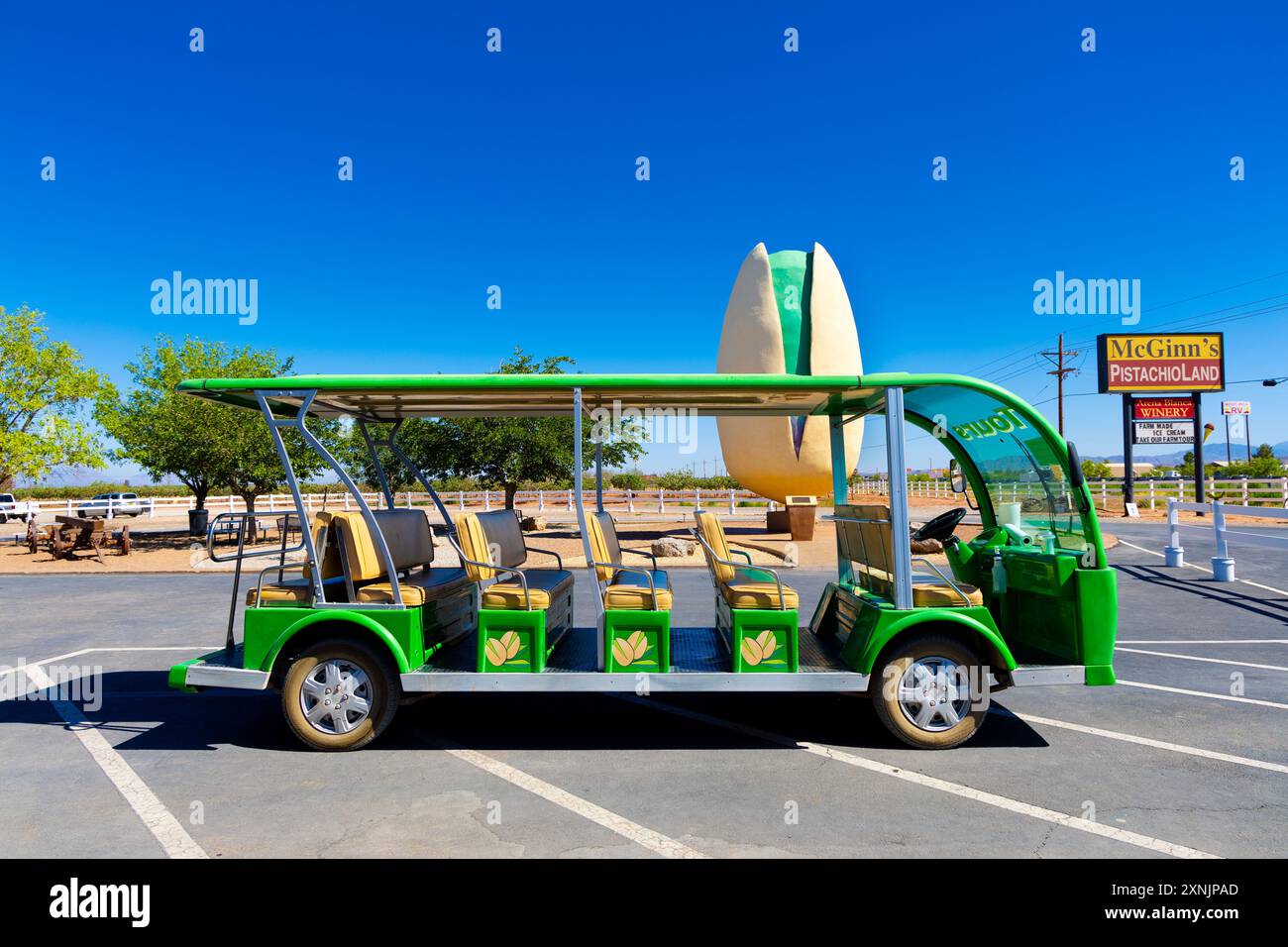 Bus ouvert pour la ferme de pistaches et visite des vignobles à McGinn's PistachioLand, Alamogordo, Nouveau-Mexique, États-Unis Banque D'Images