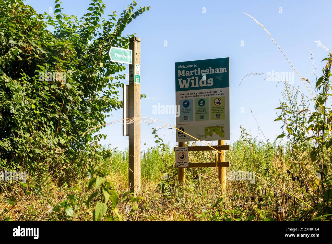 Signez pour Martlesham Wilds, Suffolk Wildlife Trust projet de réensauvrissement des terres agricoles, près de Woodbridge, Suffolk, Angleterre, Royaume-Uni Banque D'Images