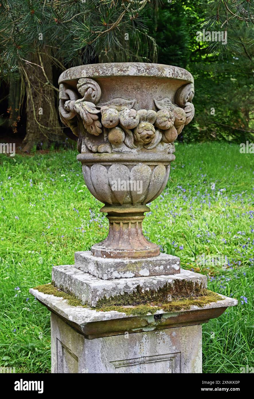 Urne ornementale en pierre. Jardin botanique de Dawyck, Stobo, près de Peebles, Scottish Borders, Écosse, Kimgdom Uni, Europe. Banque D'Images