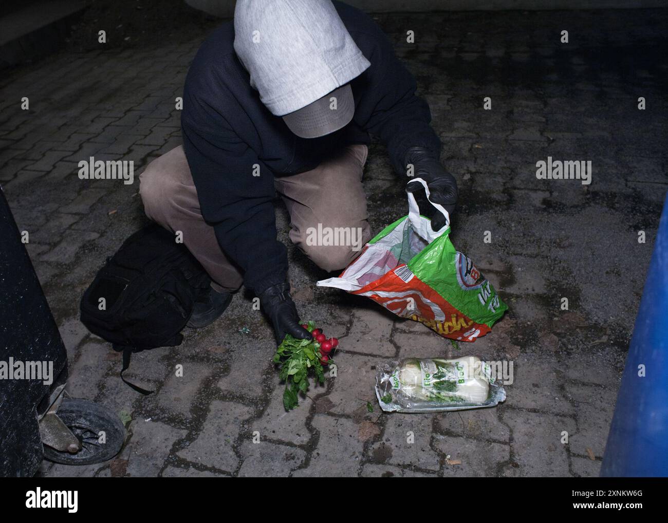 Un étudiant pratiquant la plongée dans des bennes à ordures, récupérant des aliments utilisables et des produits dans des conteneurs à ordures de supermarché à Berlin, en Allemagne. Banque D'Images