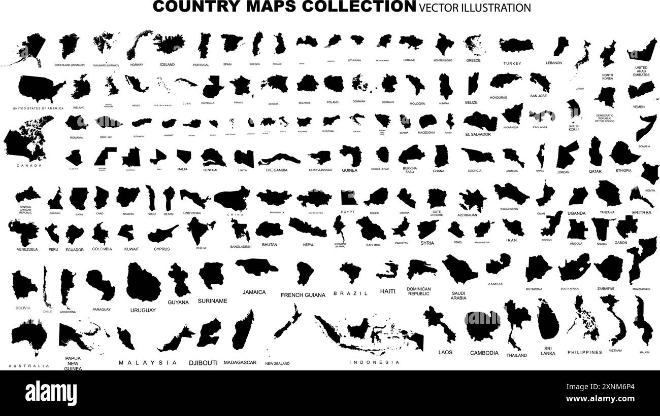 Carte complète des pays du monde icônes parfaites . Chaque carte de pays est répertoriée et isolée avec des noms. Illustration de Vecteur