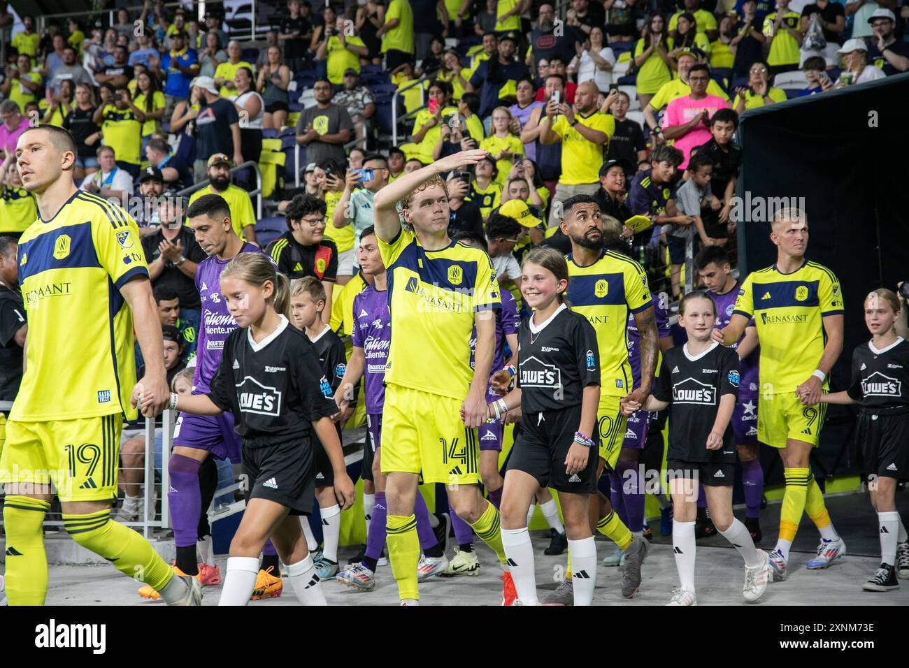 Nashville, États-Unis. 31 juillet 2024. L'attaquant Jacob Shaffelburg (14) de Nashville SC. Mazatlán le FC bat Nashville SC 2-0 dans un match de la Coupe des ligues au Geodis Park à Nashville, Tennessee, le 31 juillet 2024. (Photo de Kindell Buchanan/Sipa USA) crédit : Sipa USA/Alamy Live News Banque D'Images