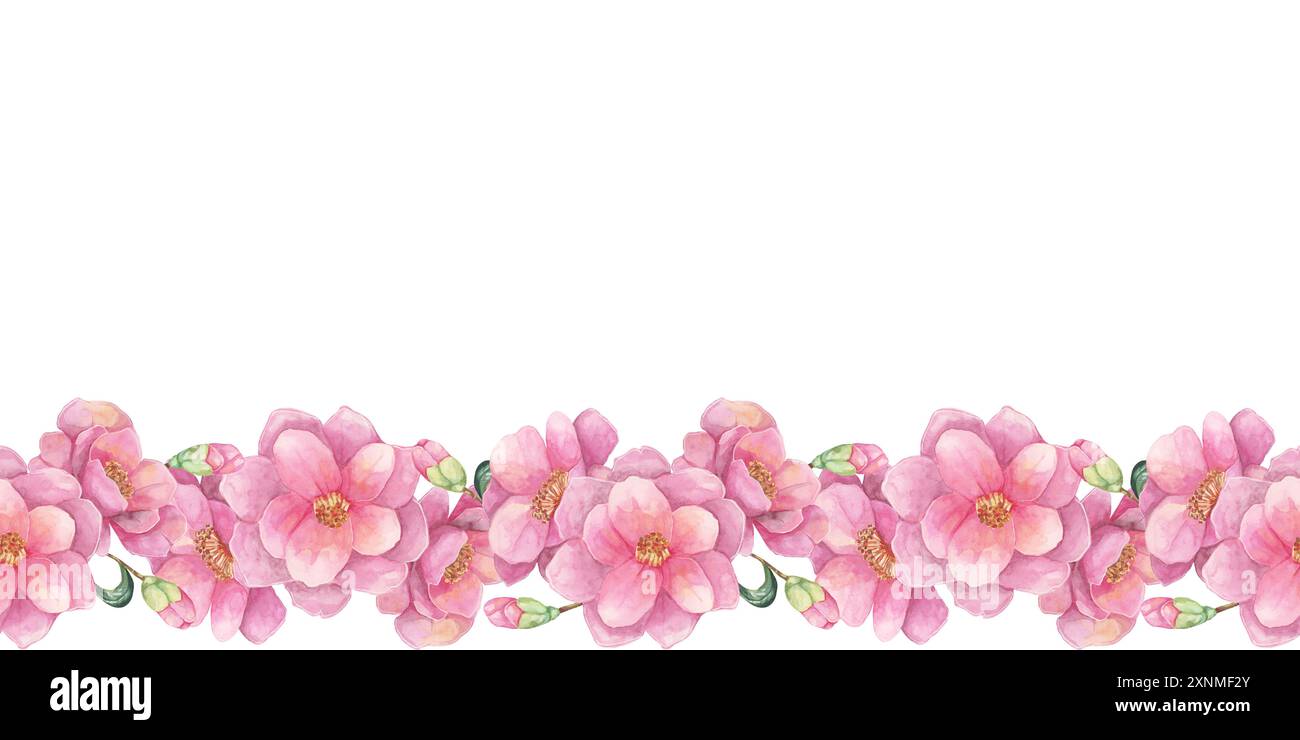 Rose camellia japonica fleurit dans une bordure horizontale sans couture sur le clipart de l'aquarelle. Le motif floral doux et naturel est idéal pour les invitations de mariage, les cartes de voeux et les dessins imprimables Banque D'Images