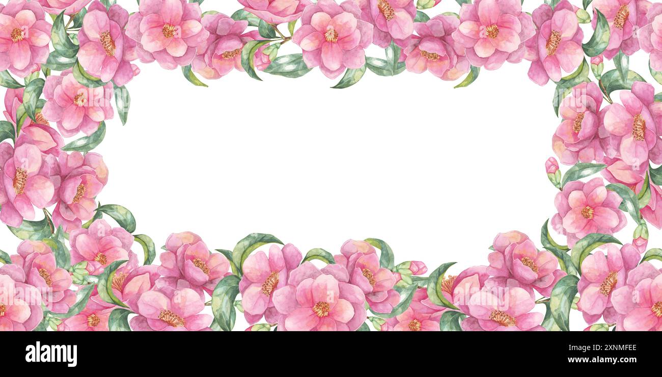 Fleurs roses et bannière de feuilles vertes. Camellia japonica floral clipart d'aquarelle botanique. Idéal pour encadrer le texte dans les invitations, les flyers, ou améliorer les conceptions numériques et les albums Banque D'Images