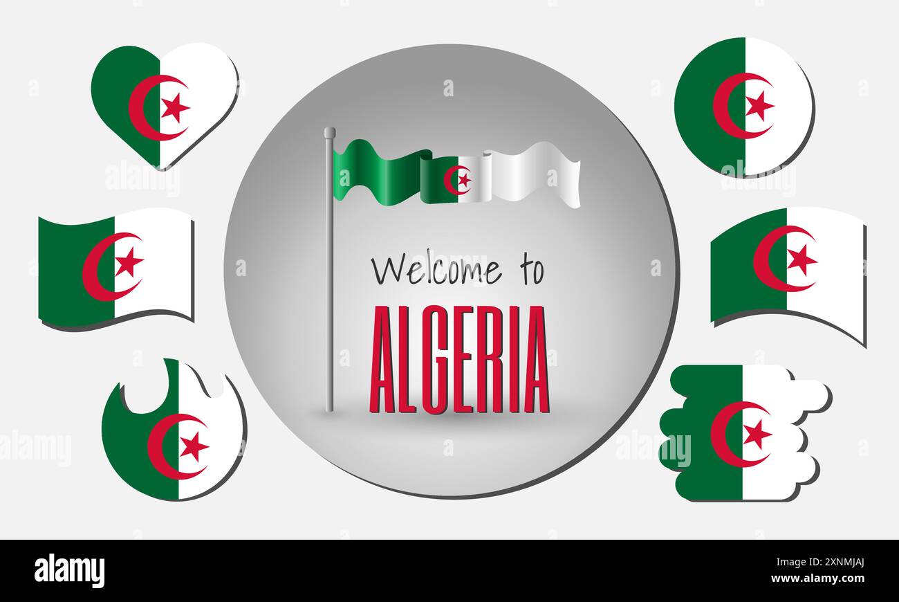 Agitant le drapeau de l'Algérie en vecteur avec l'inscription Bienvenue en Algérie! Différentes versions du drapeau en forme de coeur, cercle, arc, etc Illustration de Vecteur