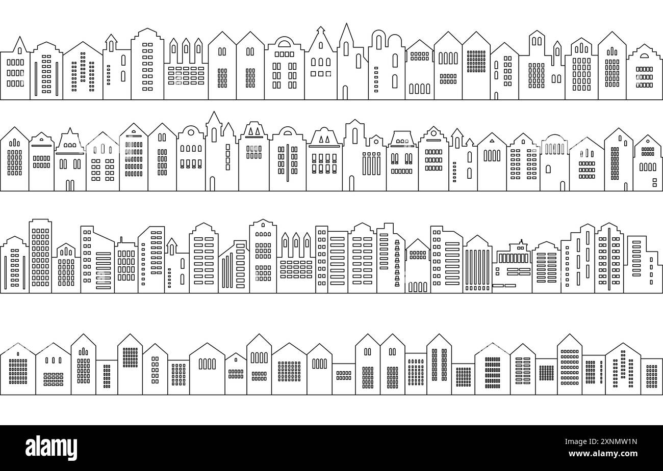 Fond abstrait urbain. Ensemble de maisons de style Amsterdam. Silhouette découpée au laser. Façades stylisées de bâtiments dans la vieille vue européenne Illustration de Vecteur