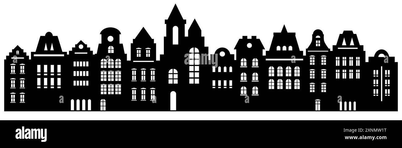 Fond abstrait urbain. Ensemble de maisons de style Amsterdam. Silhouette découpée au laser. Façades stylisées de bâtiments dans la vieille vue européenne Illustration de Vecteur