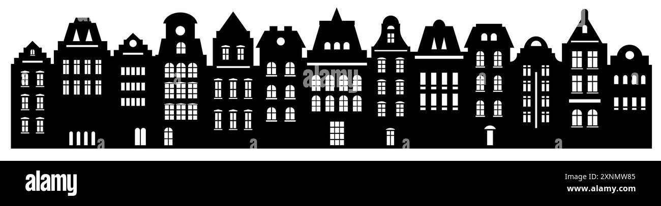 Fond abstrait urbain. Ensemble de maisons de style Amsterdam. Silhouette découpée au laser. Façades stylisées de bâtiments dans la vieille vue européenne Illustration de Vecteur